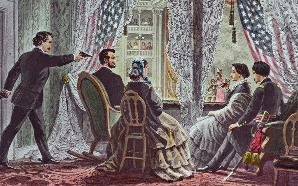 De moord op Lincoln in Fords Theatre John Wilkes Booth schiet president Lincoln dood in Ford's Theatre