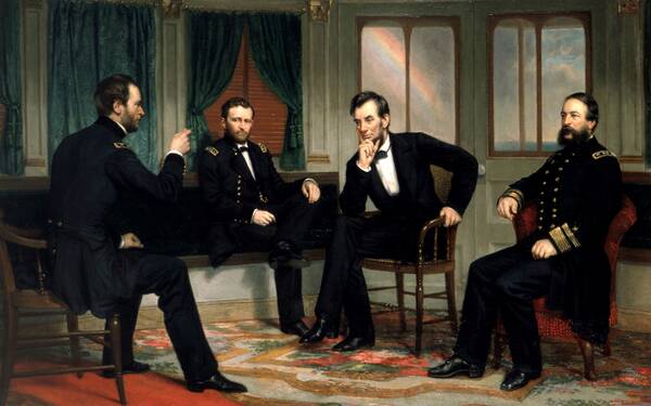De vredestichters, vlnr: Sherman, Grand, Lincoln en Porter De Peacemakers: Lincoln met Grant, Porter en Sherman