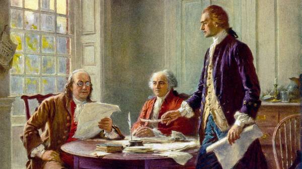 John Adams (midden) werkt met Franklin en Jefferson aan de Onafhankelijkheidsverklaring Franklin, Adams en Jefferson werken aan de Declaration of Independece