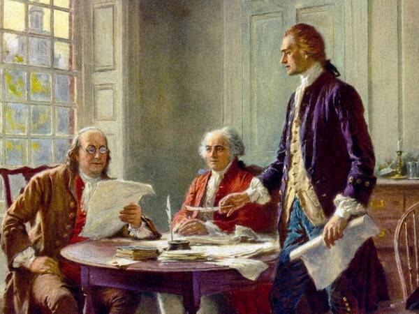 Jefferson - midden - schrijft aan de Onafhankelijkheidsverklaring Thomas Jefferson en John Adams werken aan de Onafhankelijkheidsverklaring