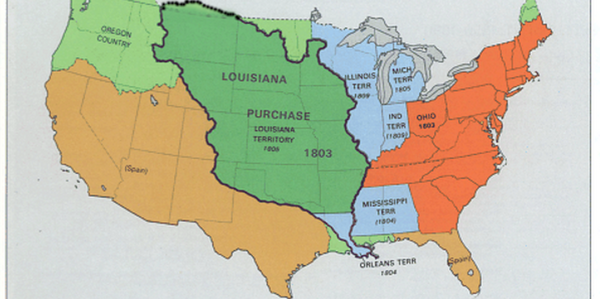 De Louisiana Purchase Jefferson kocht Louisiana van Frankrijk en verdubbelde het grondgebied van de VS