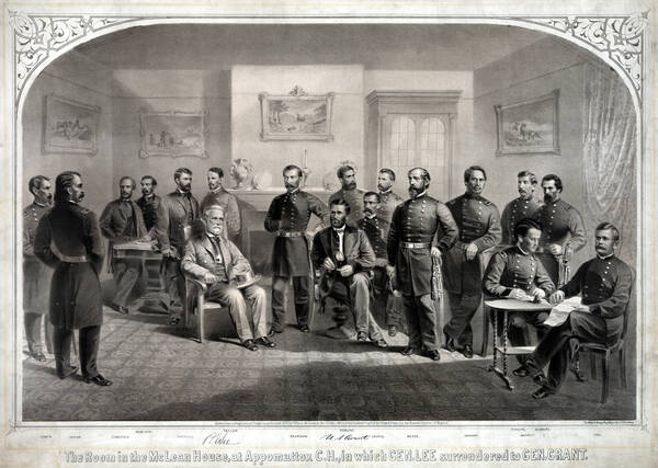 Generaal Lee geeft zich over aan generaal Grant Generaal Lee van de Confederatie geeft zich over aan Ulysses S. Grant van de Unie