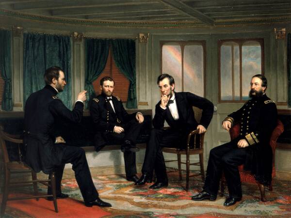 Ulysses S. Grant met president Lincoln en legerleiders Porter en Sherman Generaal Grant samen met president Lincoln en legeraanvoerders Porter en Sherman
