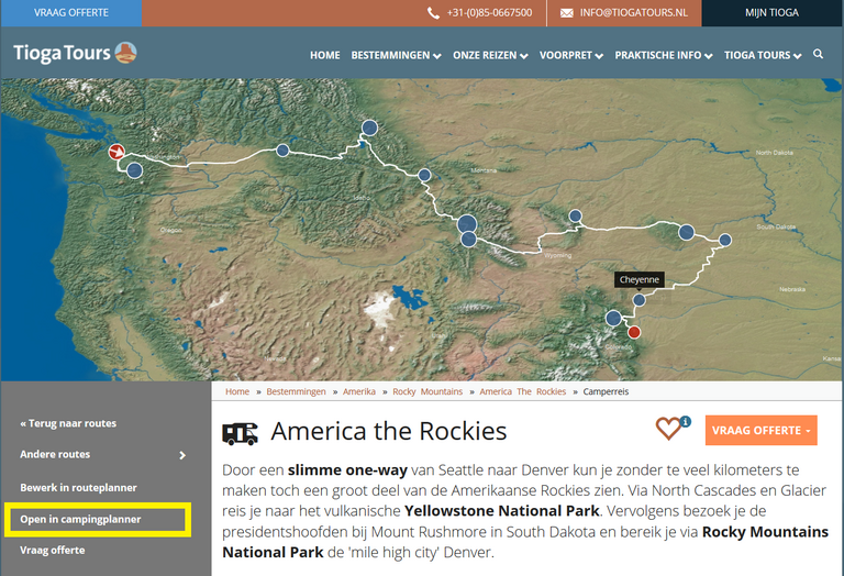 Open een route om de campingplanner te gebruiken Campingplanner Tioga Tours