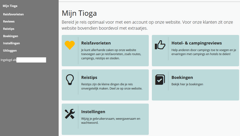 Mijn Tioga overzicht na inloggen