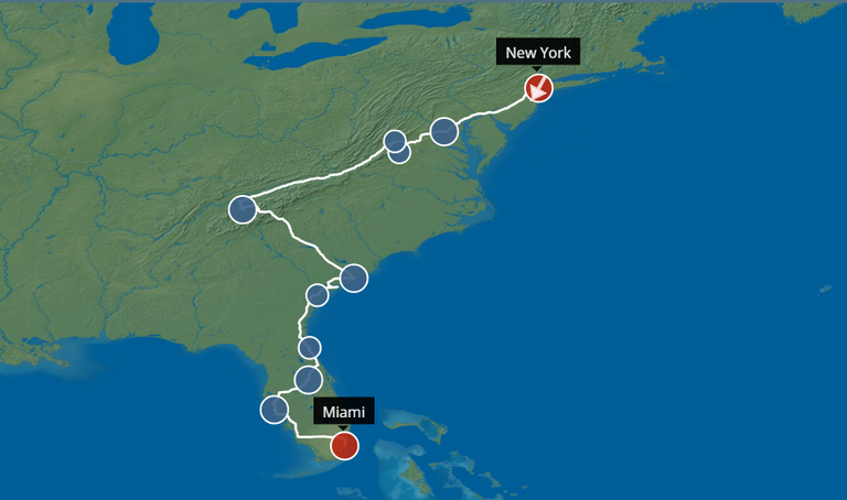 Een routevoorbeeld door Oost-Amerika Voorbeeld van een route langs de Oostkust van Amerika