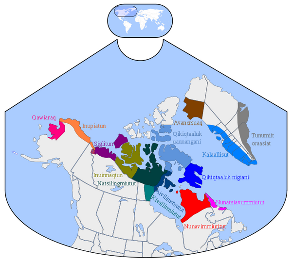 Verdeling van de Inuit-dialecten in Alaska, Noord-Canada en Groenland. Bron: Asybaris01 Inuit taal