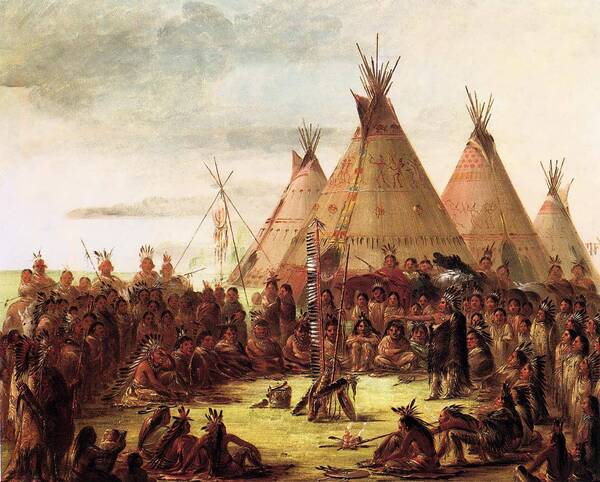 Ute-indianen zitten rond hun tipitenten Tipi en Ute-indianen