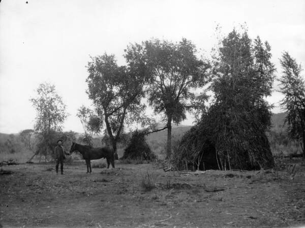 Een wickiup, tijdelijke Ute-woning van takken Wickiup onderkomen van de Ute indianen